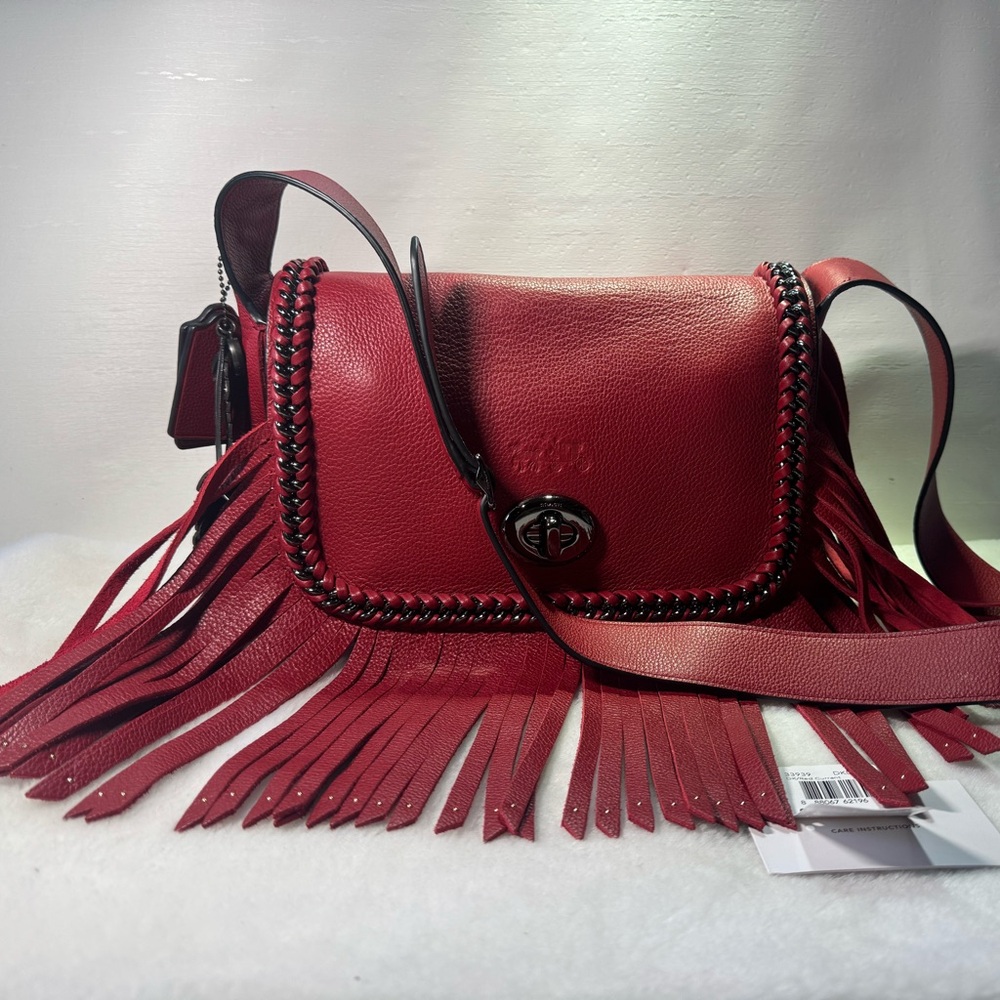Coach Whiplash Leather Dakotah Small Fringe Crossbody Red Currant F33939